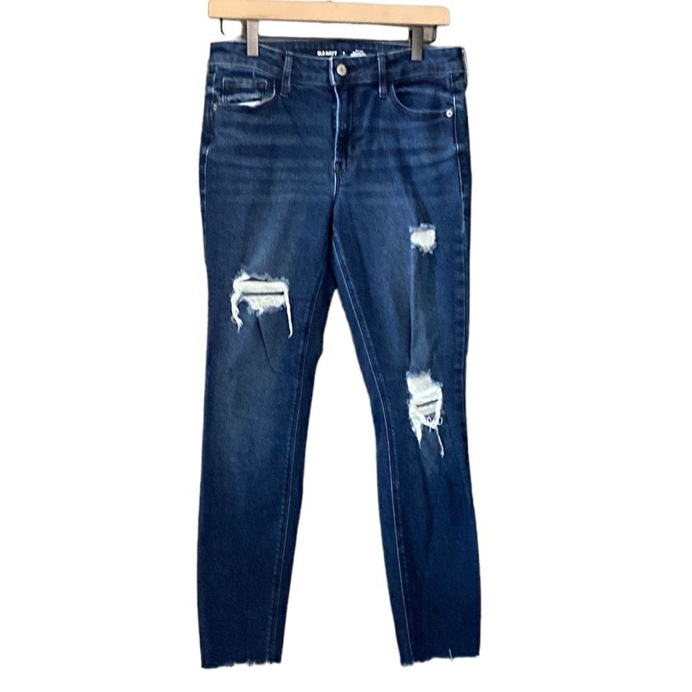 Old Navy Mid-Rise Rockstar Super Skinny Distressed Dark Wash Cropped Denim